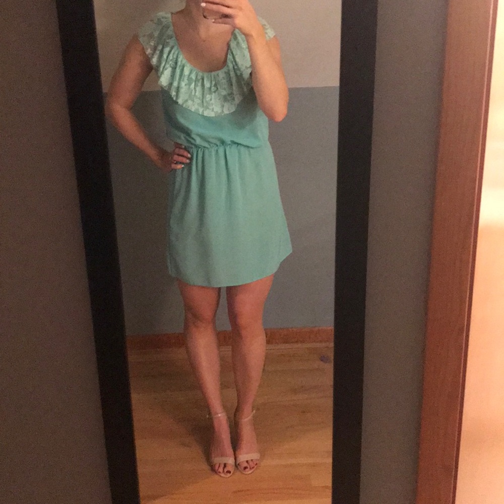 Teal mini dress with lace overlay